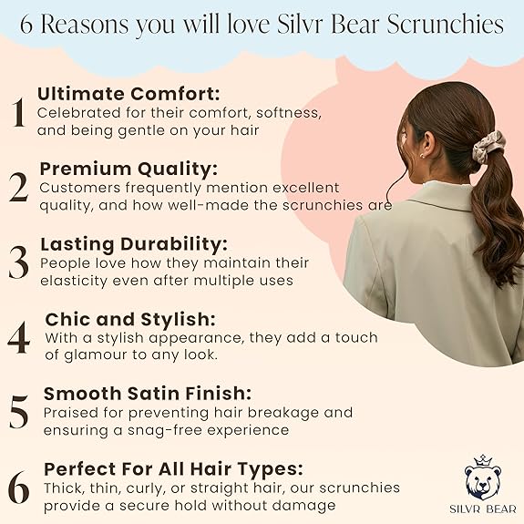 Silvr Bear Luxury Satin Scrunchies Set for Women, Girls | Anti-Hair-Breakage Hair Ties